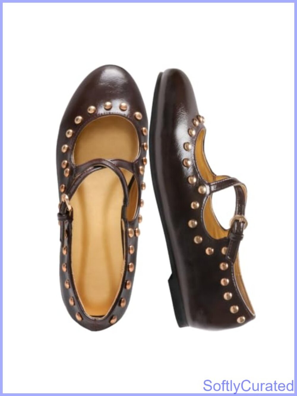 Studded Mary Jane Flats Faux Leather Round Toe Cross Strap